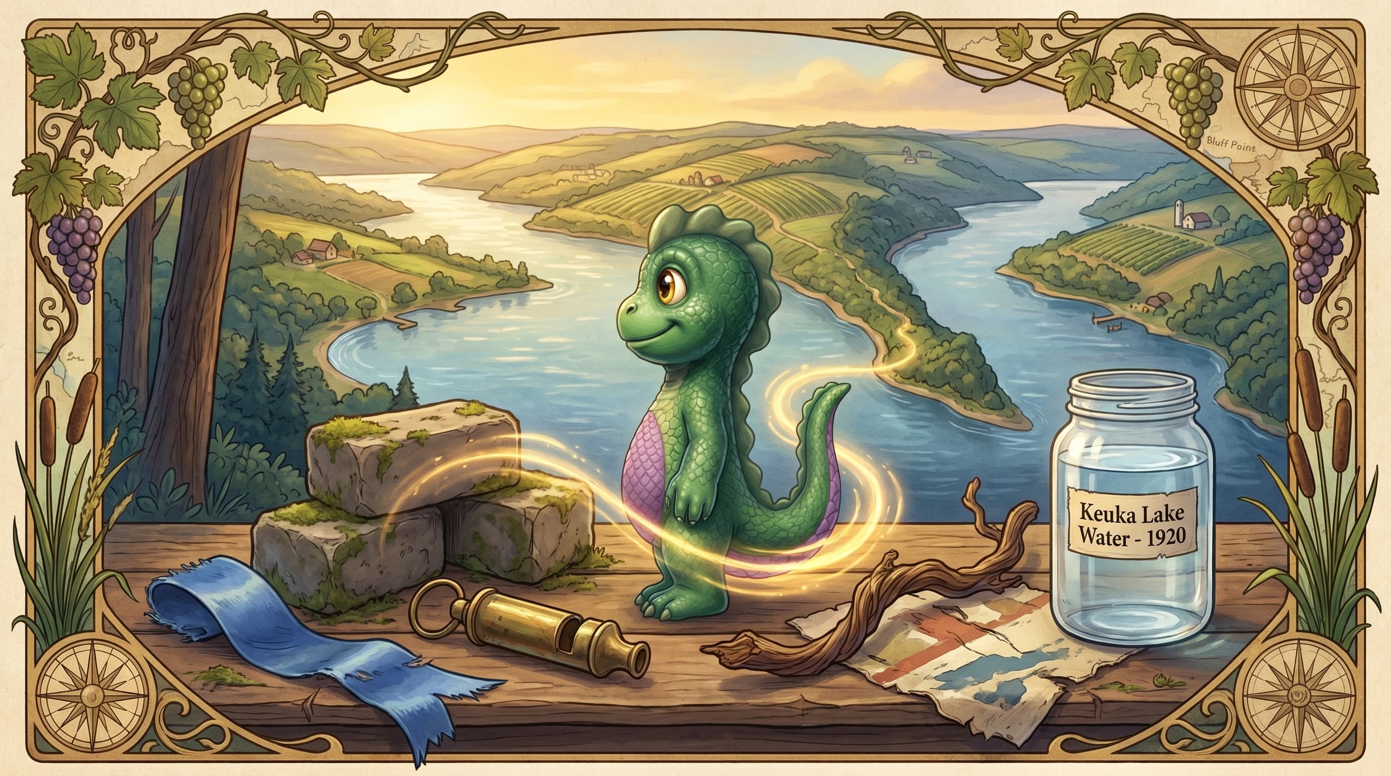 History of Keuka title image with Karl, Bluff Point, vineyard details, and lake artifacts